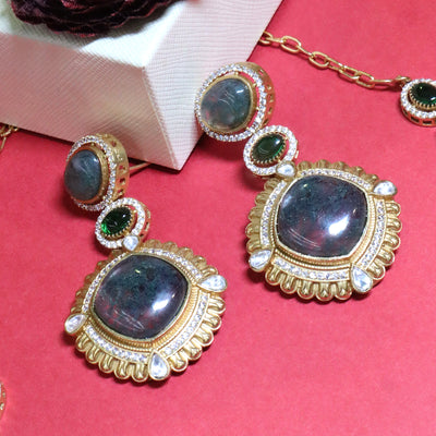 Natural Semi-Precious Stone Necklace Set in Moss Green & White - SIA455610