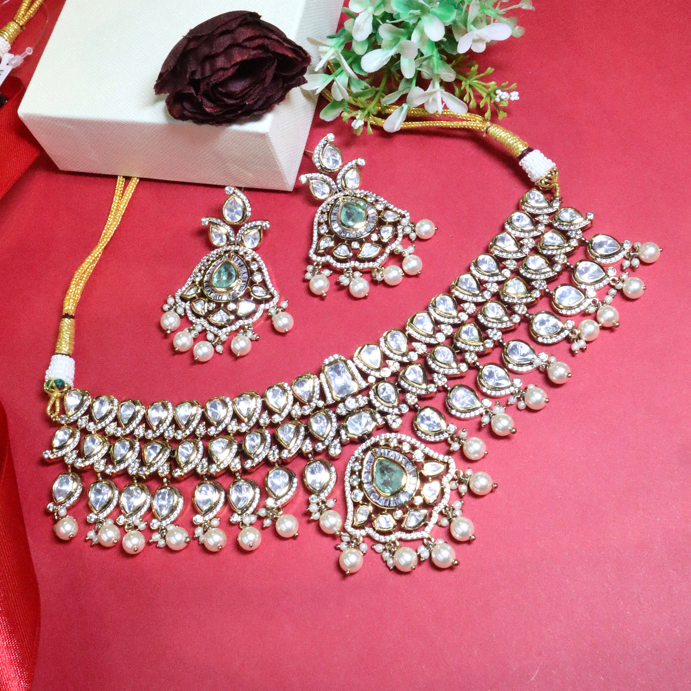 Traditional White Polki & Green Stone Choker with Pearl Dangles - SIA455612