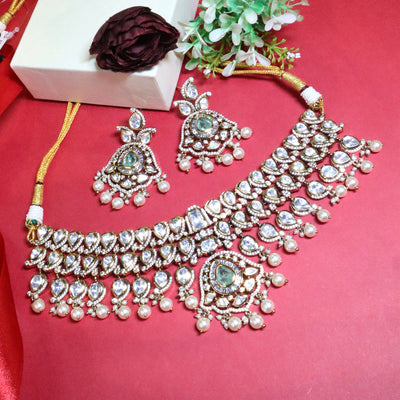 Traditional White Polki & Green Stone Choker with Pearl Dangles - SIA455612