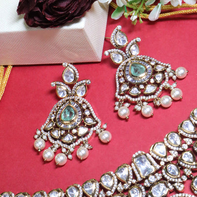 Traditional White Polki & Green Stone Choker with Pearl Dangles - SIA455612