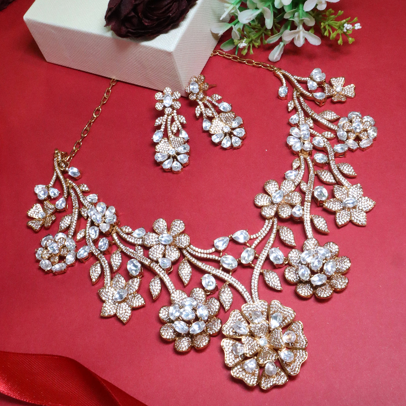 Grand CZ Look Floral Statement Necklace Set - SIA455614