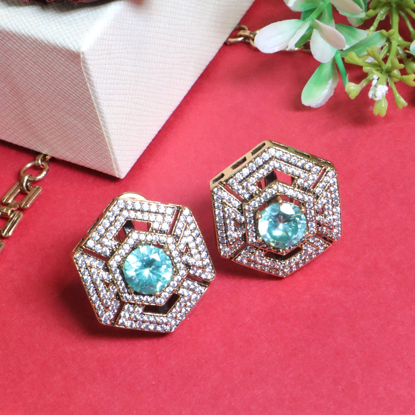 Modern Hexagon Aqua & Crystal Statement Necklace Set - SIA455620
