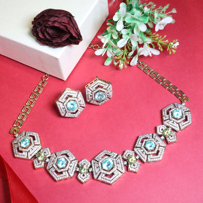 Modern Hexagon Aqua & Crystal Statement Necklace Set - SIA455620