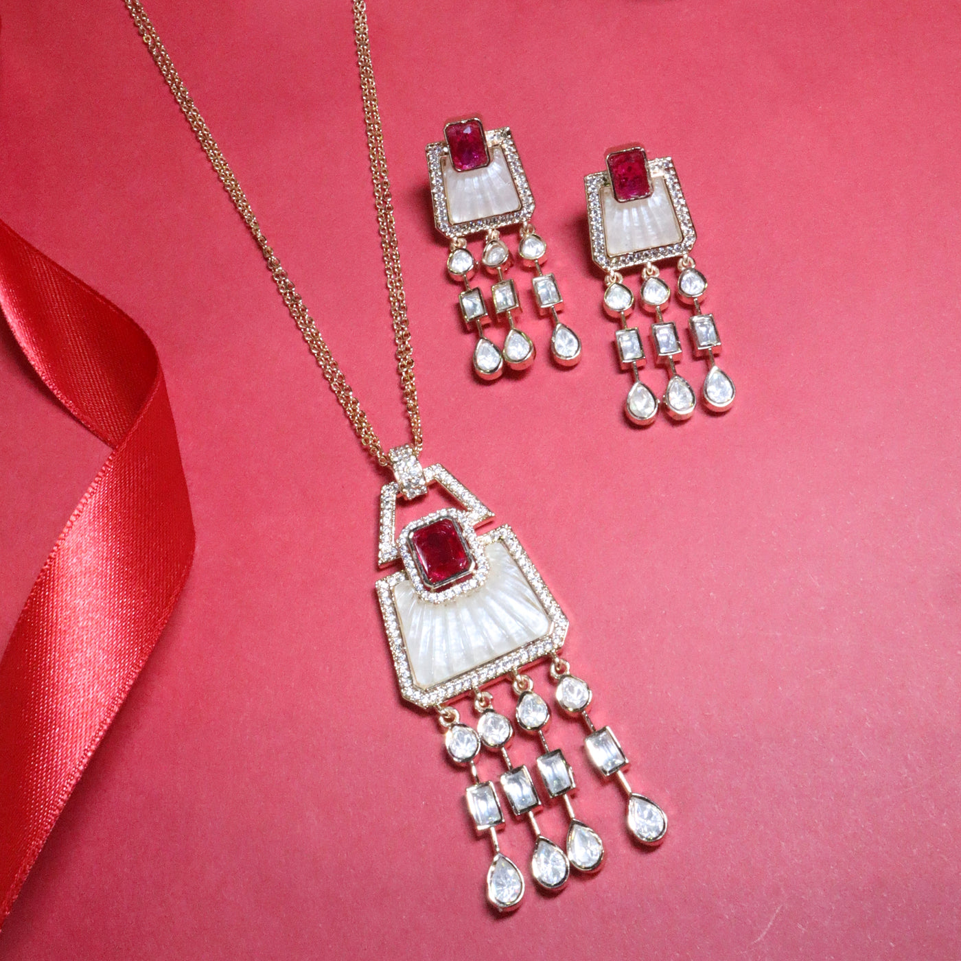 Modern Ruby Red & Shell Geometric Pendant Set - SIA455628