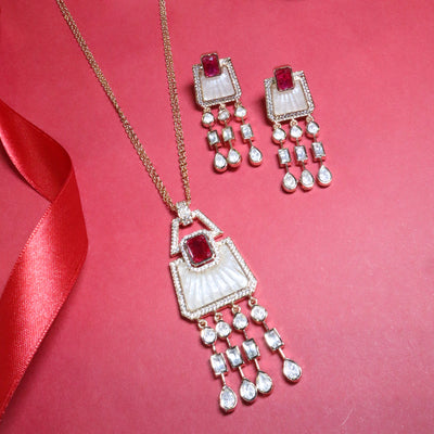 Modern Ruby Red & Shell Geometric Pendant Set - SIA455628
