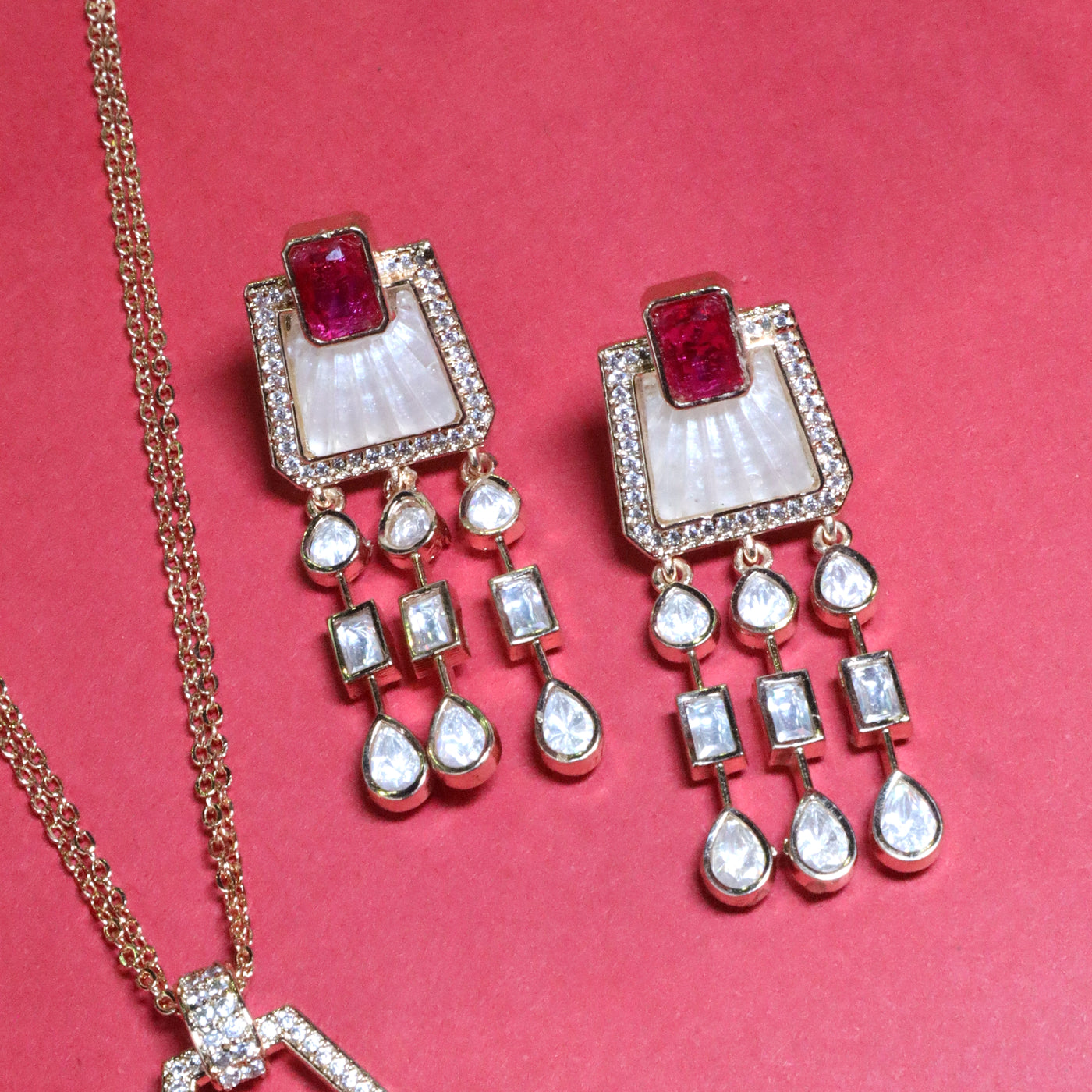 Modern Ruby Red & Shell Geometric Pendant Set - SIA455628