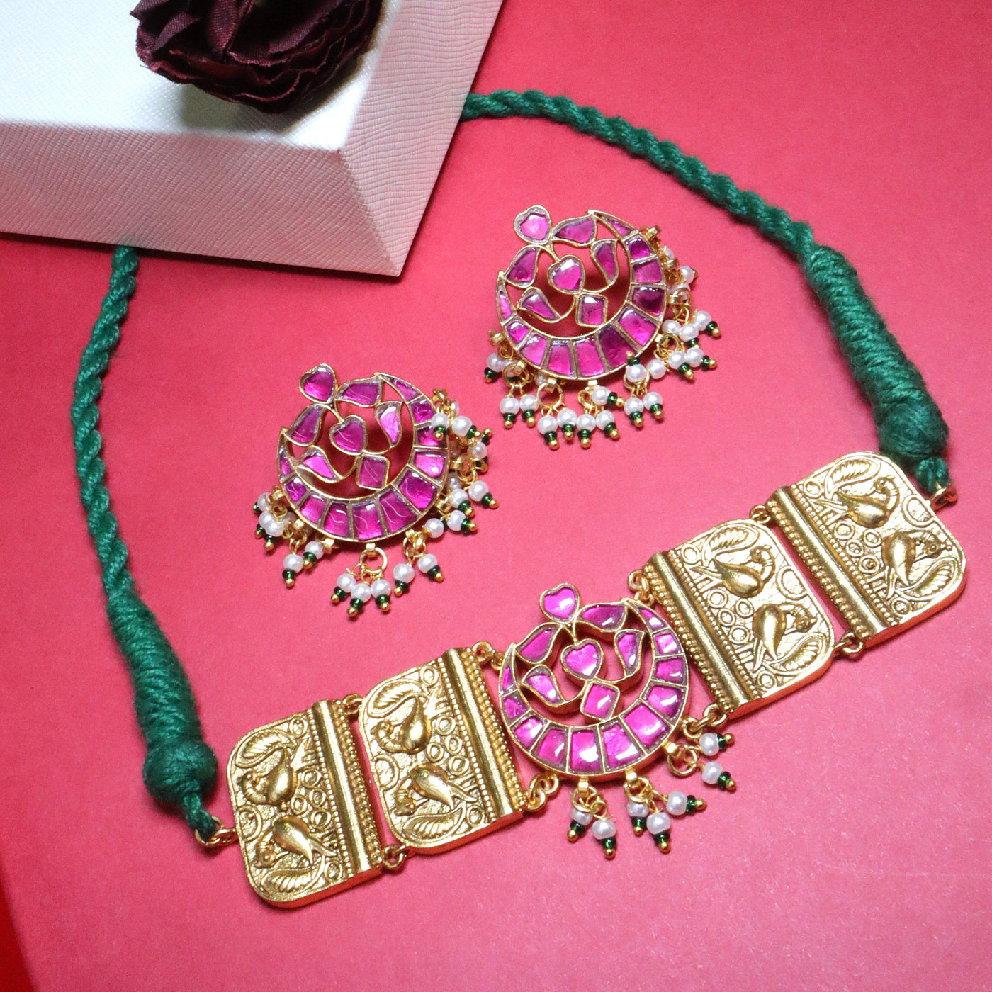 Statement Rajasthani Style Pink Choker Necklace set - SIA455633