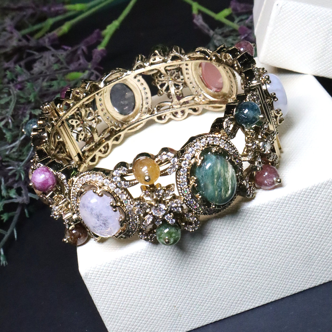 Antique Gold Polish Multi-Color Gemstone Bangles - SIA455634
