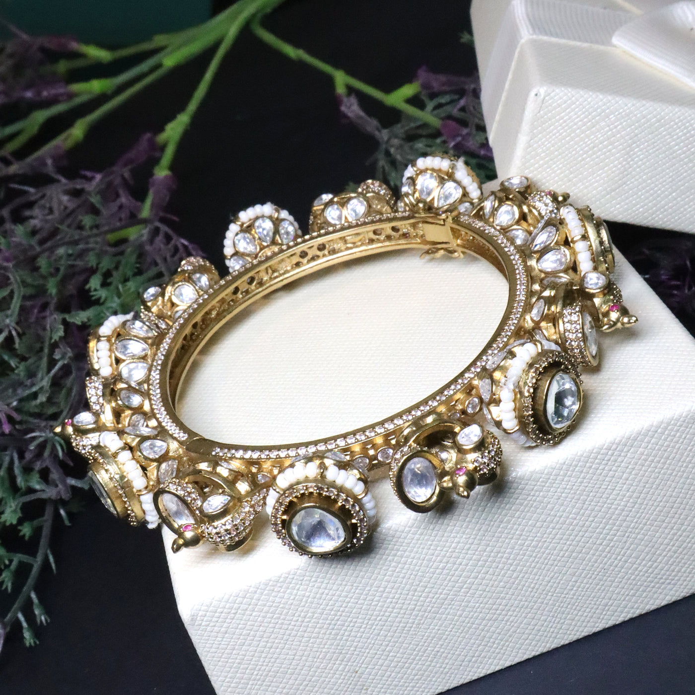 Kundan Stone Statement Bangle with Pearl Accents - SIA455635
