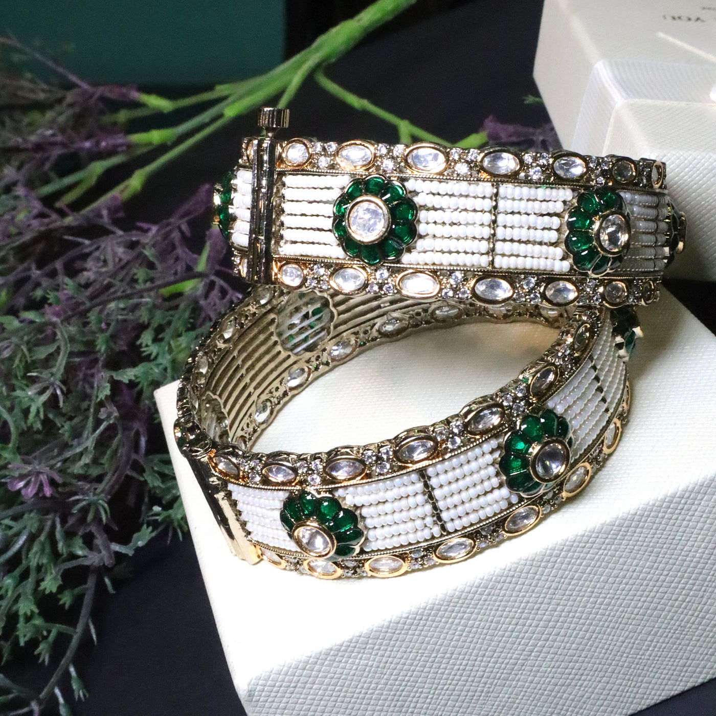Regal Green Floral Kundan Bangles with Micro Pearls - SIA455637