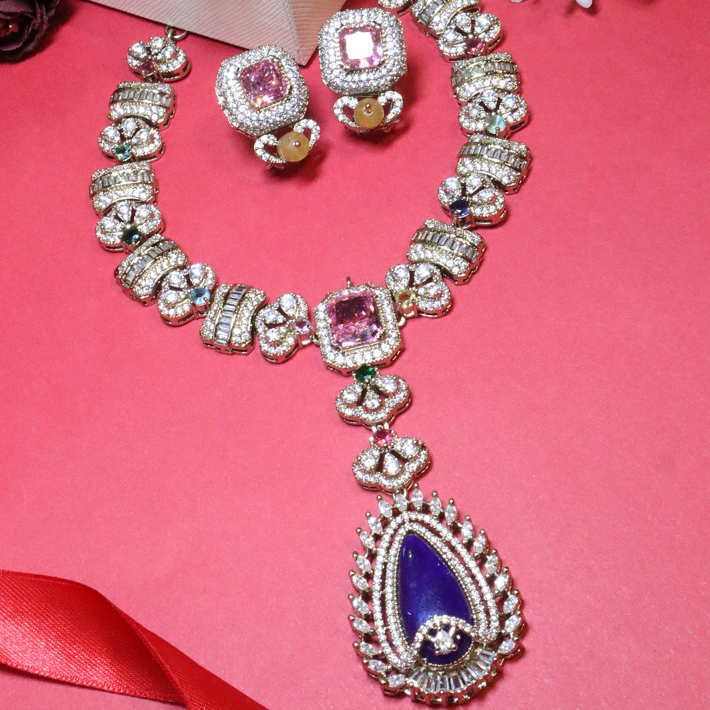 Royal Pink & Blue CZ Statement Set - SIA455646