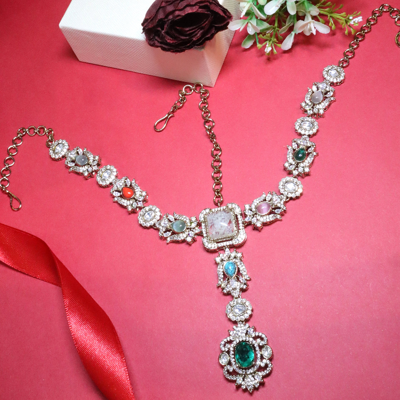 Multi-Color Kundan Maang Tikka with Emerald Drop - SIA455647