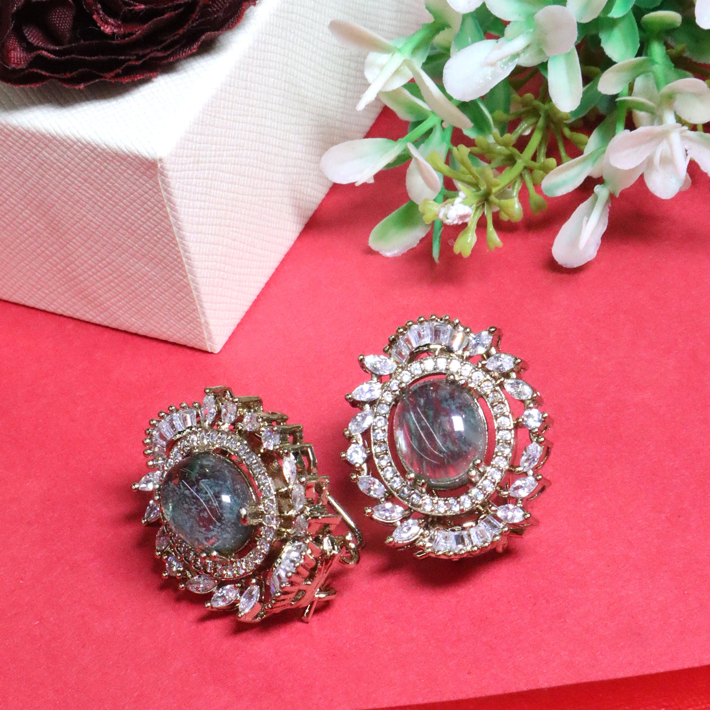 Gold Oval Crystal Halo Earrings - SIA455670