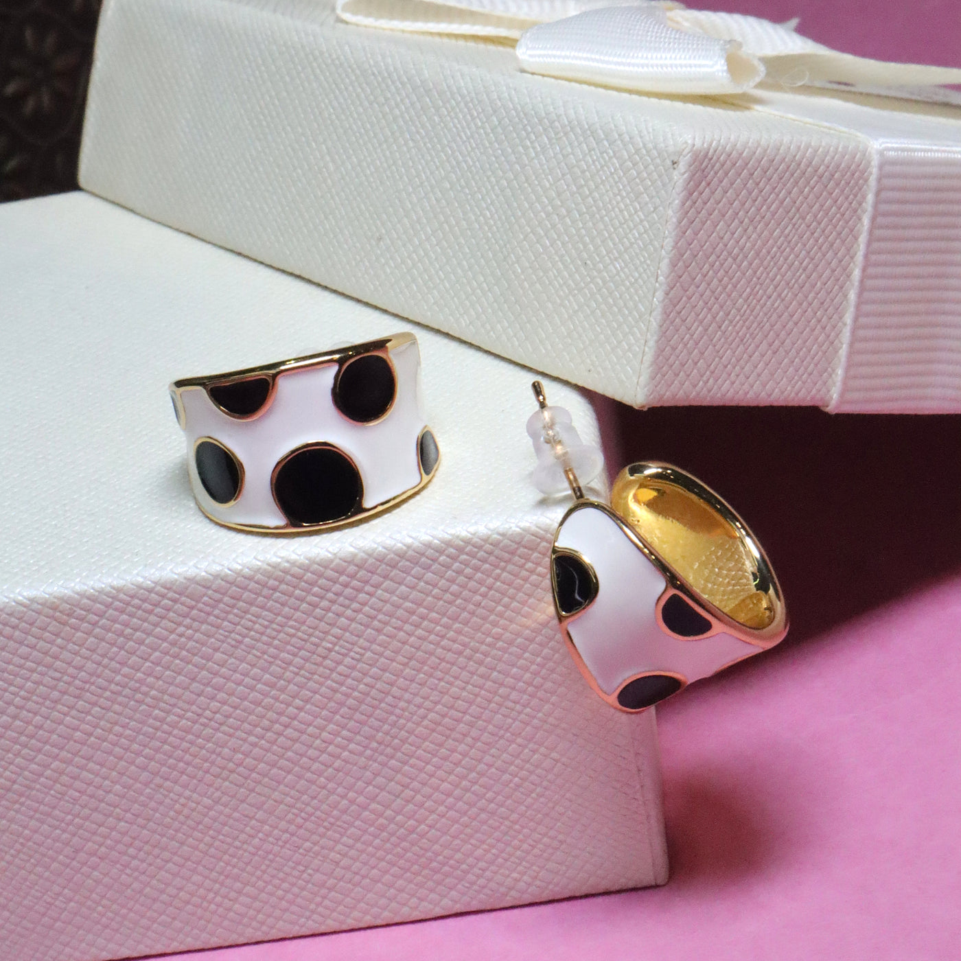 White & Black Dot Enamel Wide Hoop Earrings - SIA455673