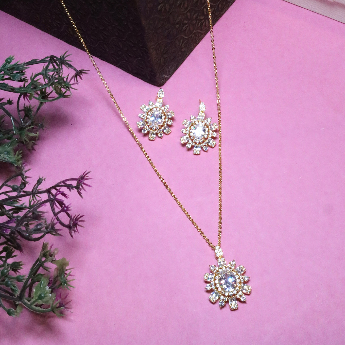 Floral CZ Gold Plated Pendant Set - SIA455675
