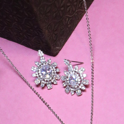 Rhodium Finish Flower CZ Pendant Set - SIA455676