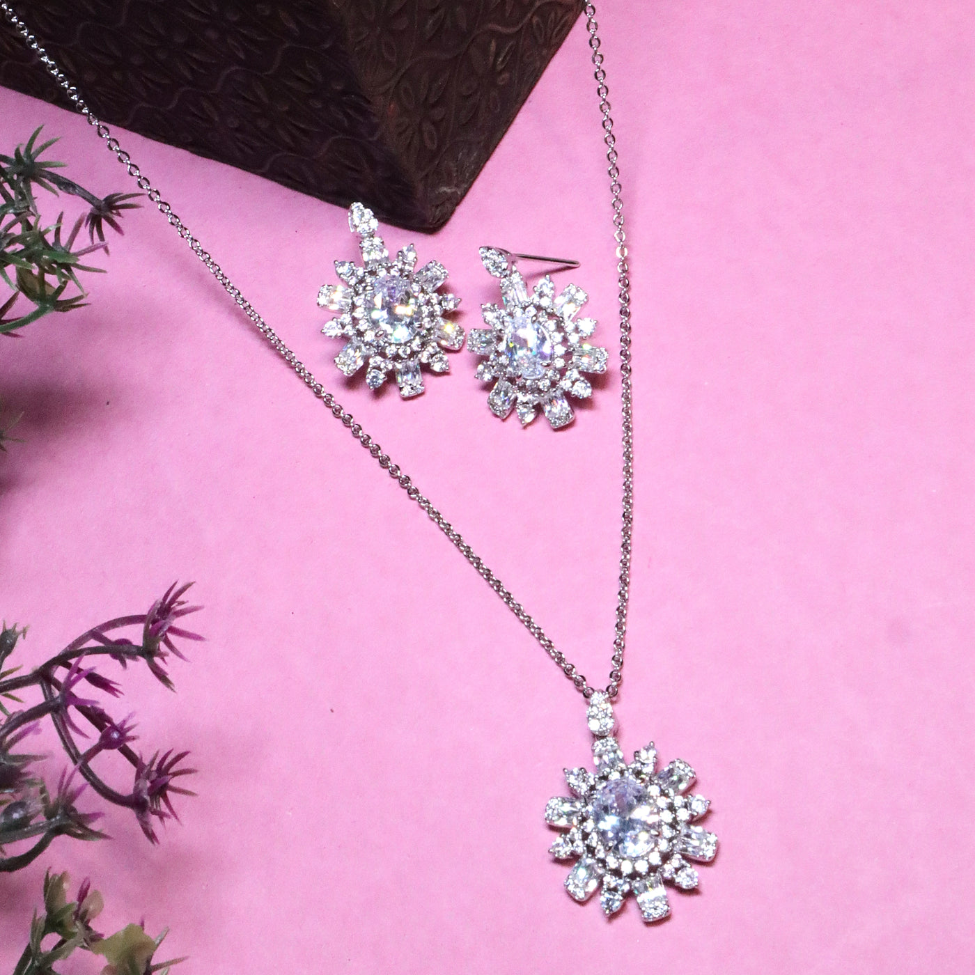 Rhodium Finish Flower CZ Pendant Set - SIA455676