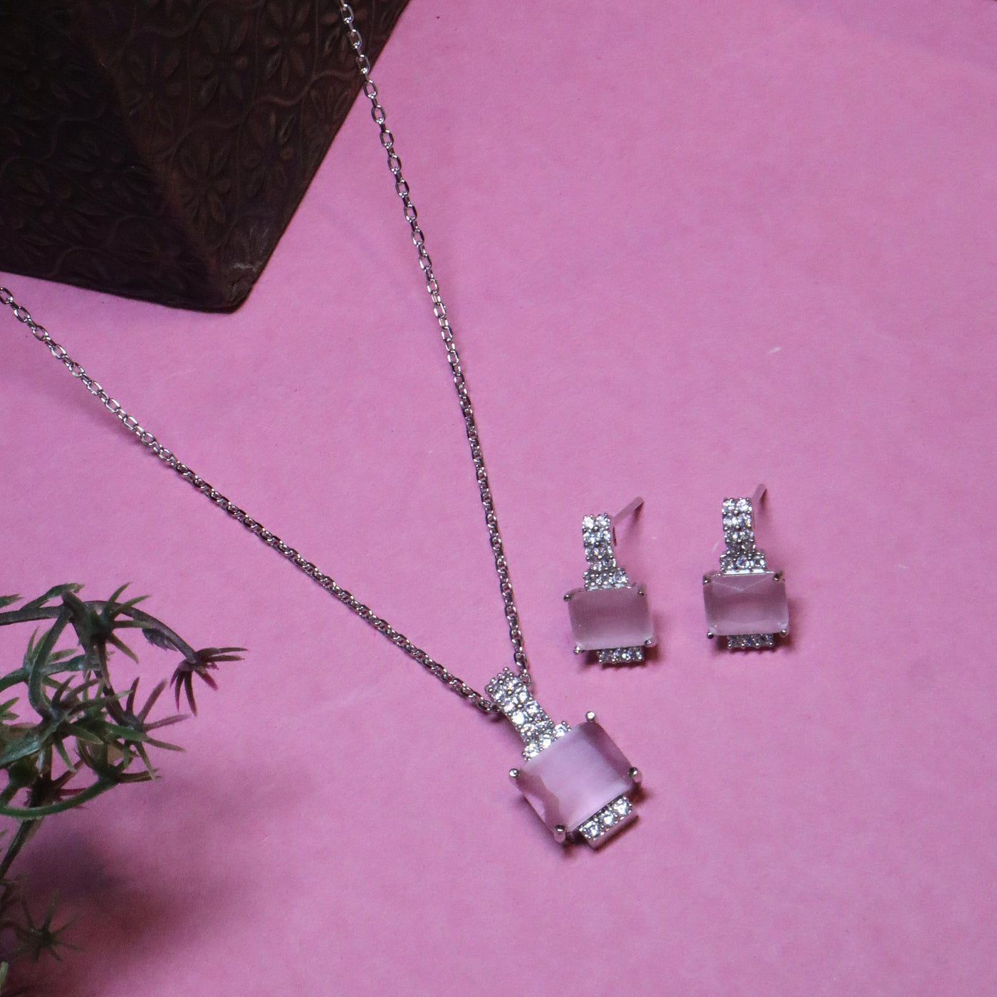 Rhodium Plated Pink Stone Square CZ Set - SIA455679