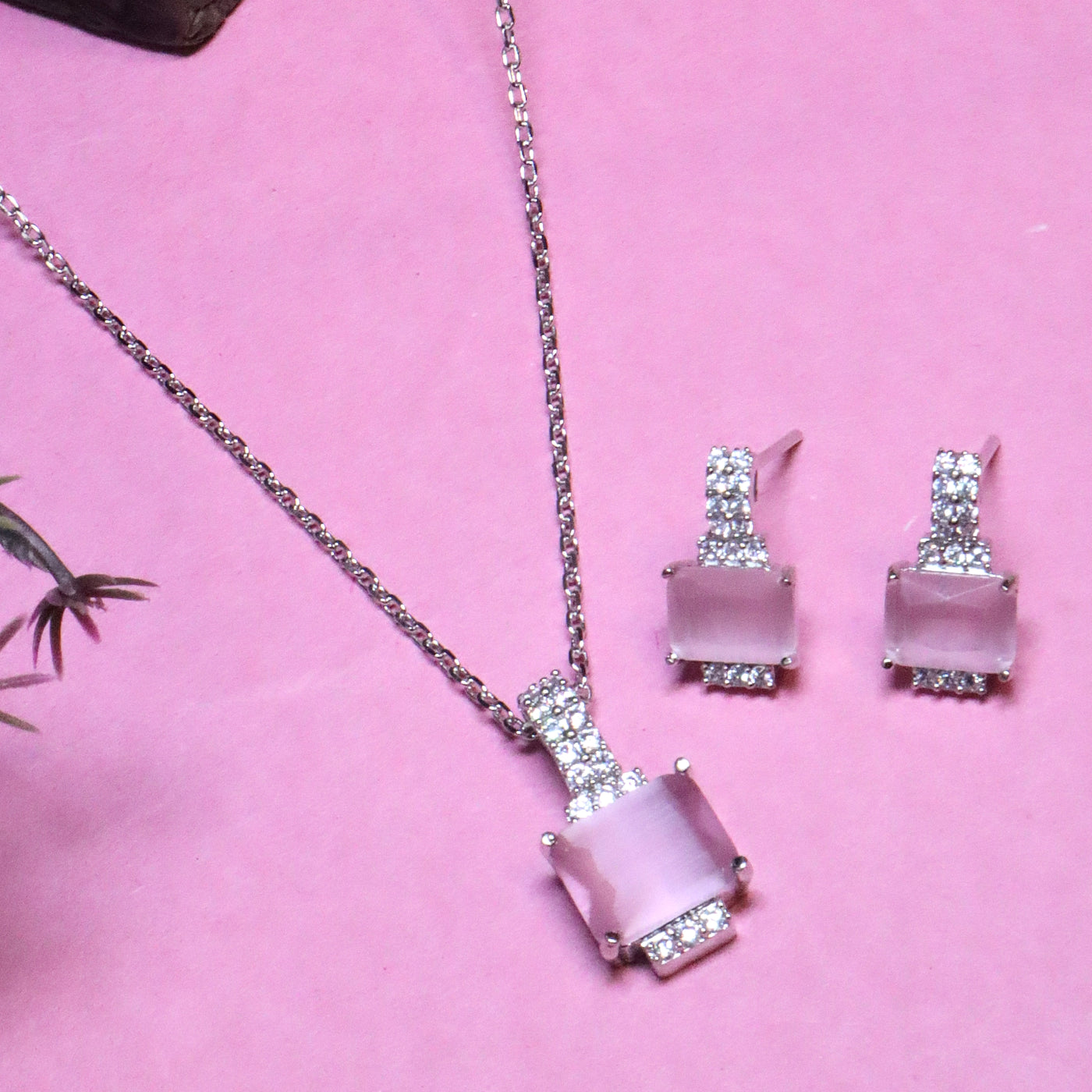 Rhodium Plated Pink Stone Square CZ Set - SIA455679