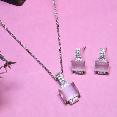 Rhodium Plated Pink Stone Square CZ Set - SIA455679