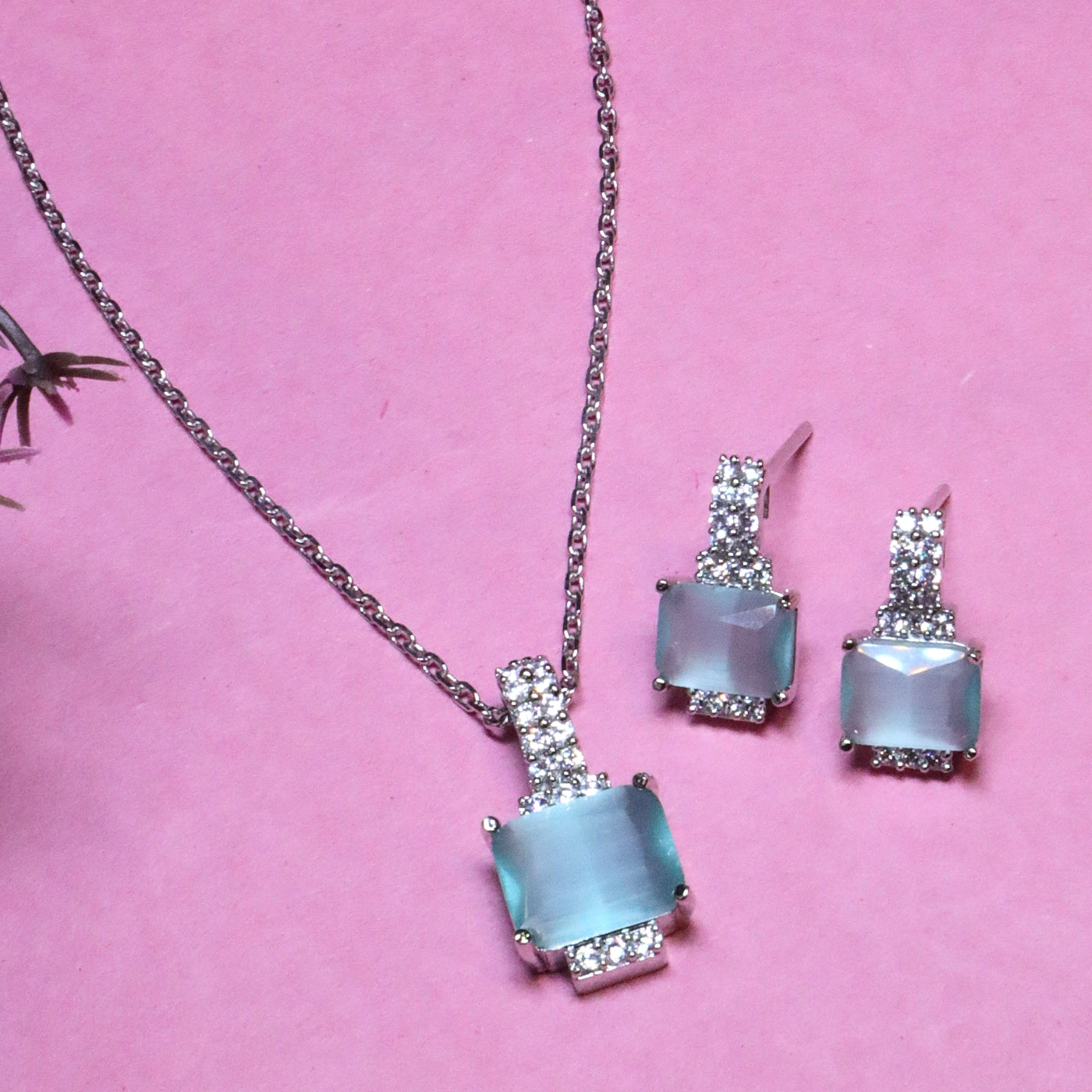 Rhodium Plated Blue Rectangular CZ Set - SIA455680