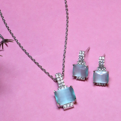 Rhodium Plated Blue Rectangular CZ Set - SIA455680