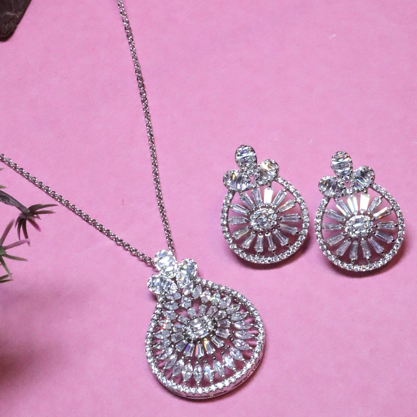 Rhodium CZ Teardrop Cluster Pendant Set - SIA455682