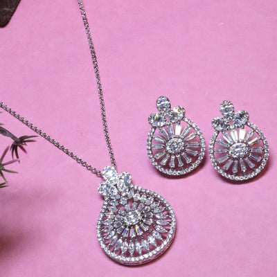 Rhodium CZ Teardrop Cluster Pendant Set - SIA455682