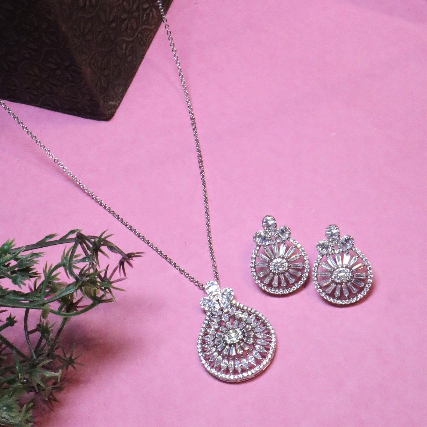 Rhodium CZ Teardrop Cluster Pendant Set - SIA455682