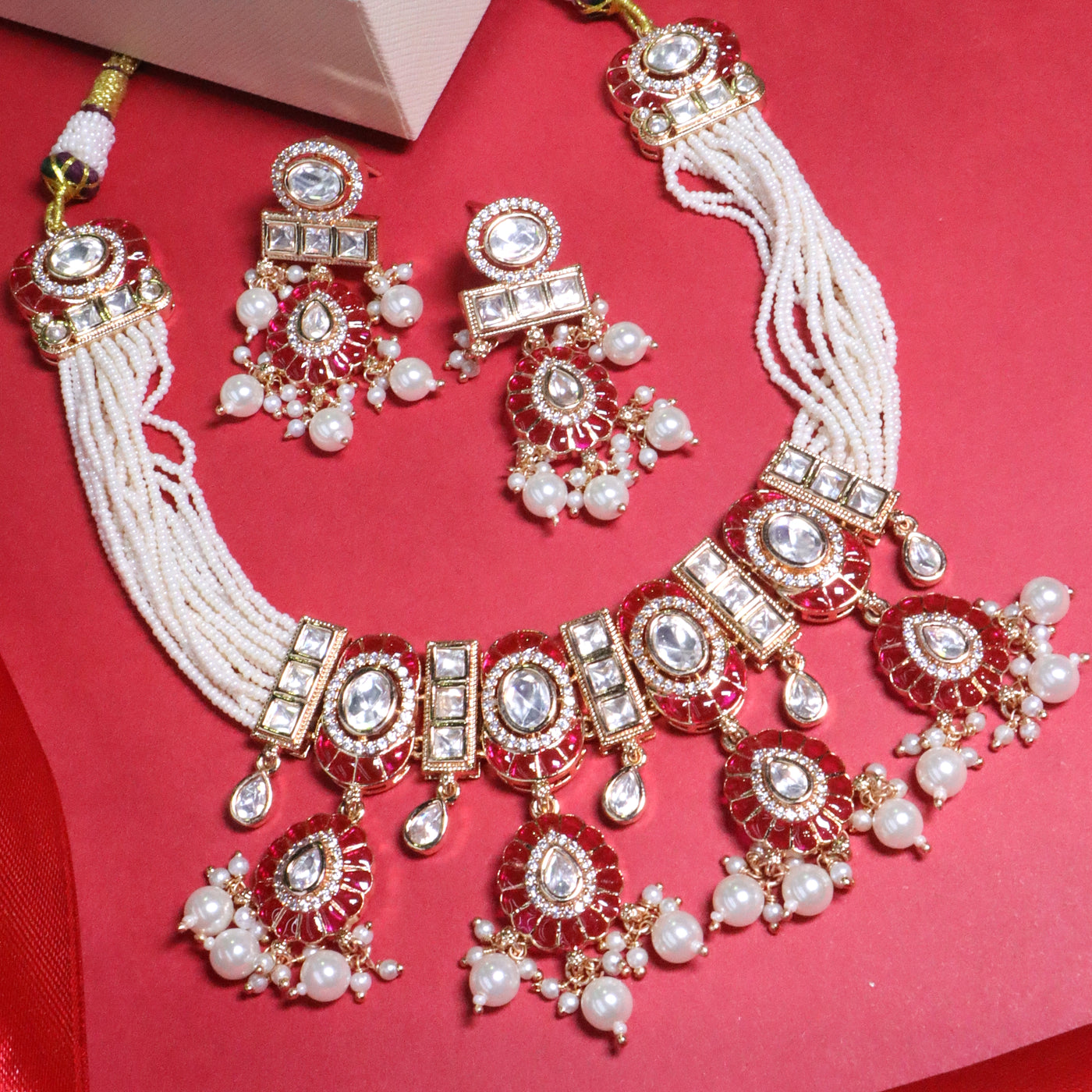 Traditional Red & White Kundan Motif Choker set - SIA455683