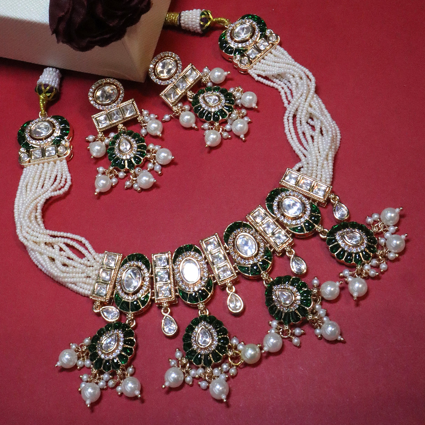 Emerald Green & Kundan Multi-Strand Pearl Choker Set - SIA455684