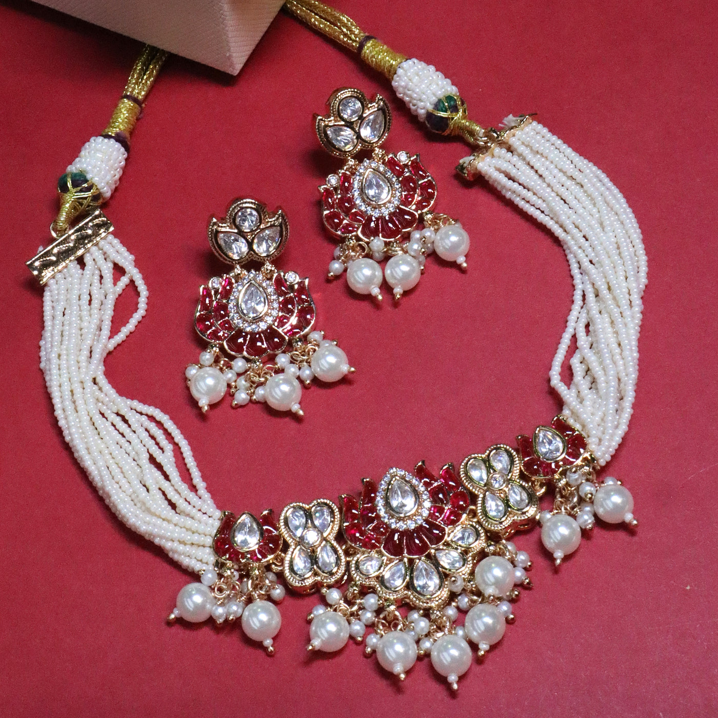 Red Enamel Lotus Choker with Multi-Strand Pearls - SIA455687