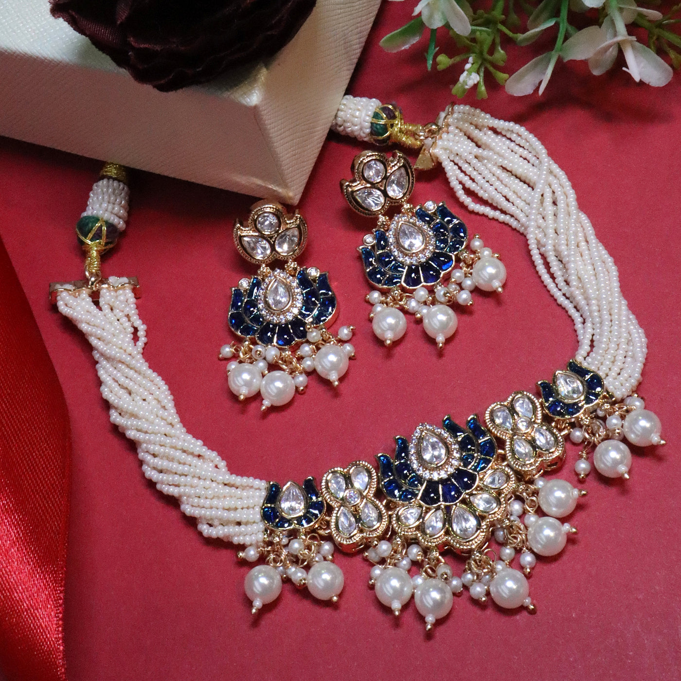 Royal Blue Lotus Kundan Choker with Multi-Strand Pearls - SIA455689