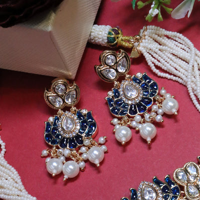 Royal Blue Lotus Kundan Choker with Multi-Strand Pearls - SIA455689