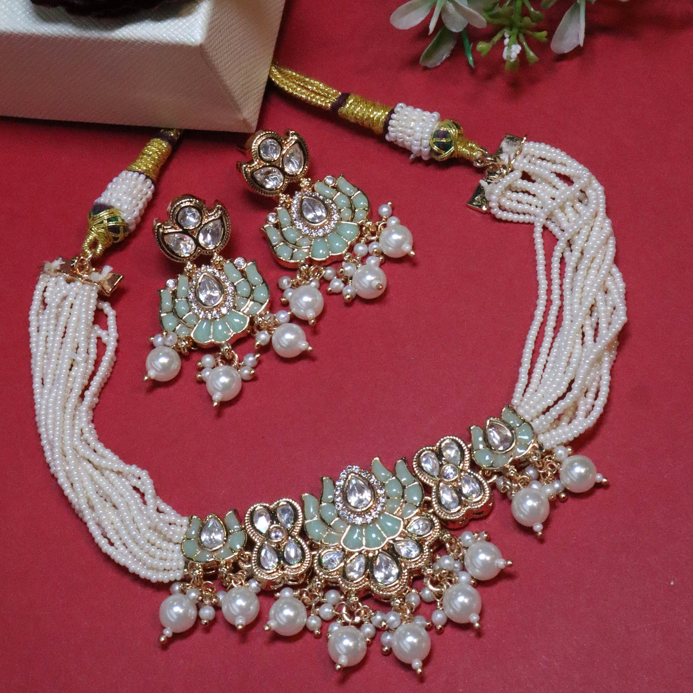 Mint Green Lotus Kundan Choker with Multi-Strand Pearls - SIA455690