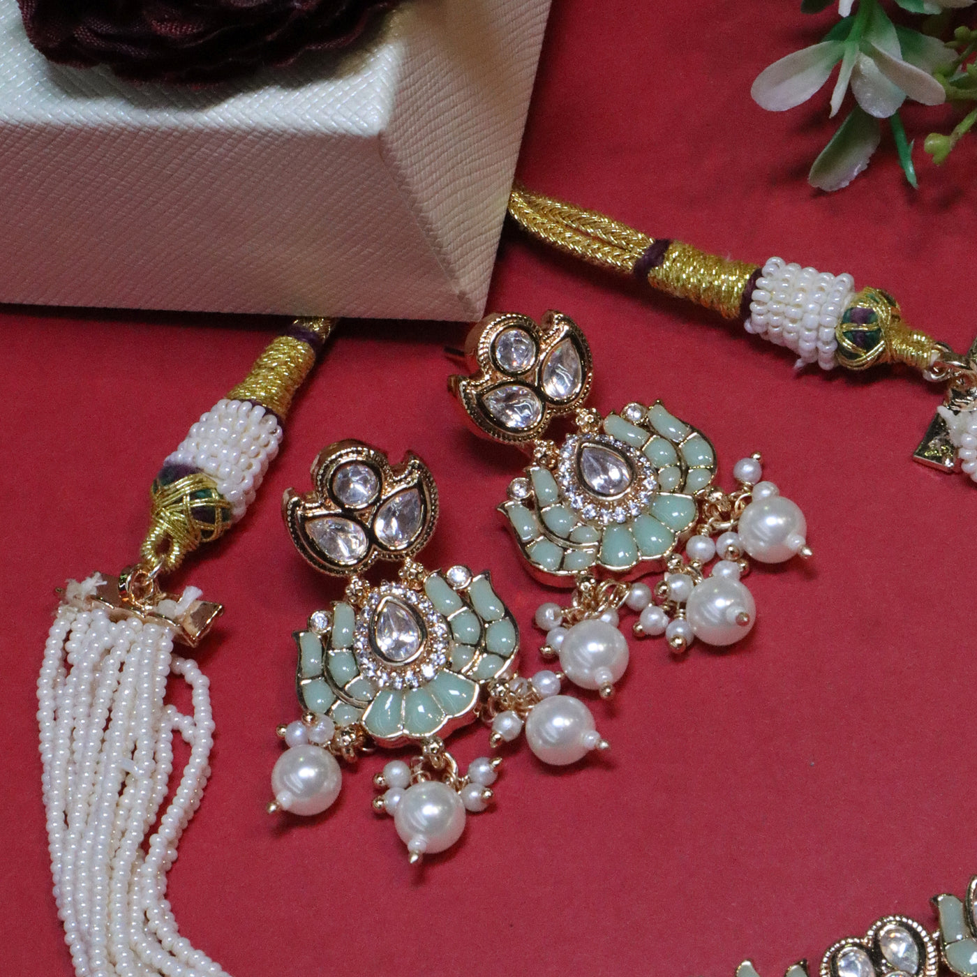Mint Green Lotus Kundan Choker with Multi-Strand Pearls - SIA455690