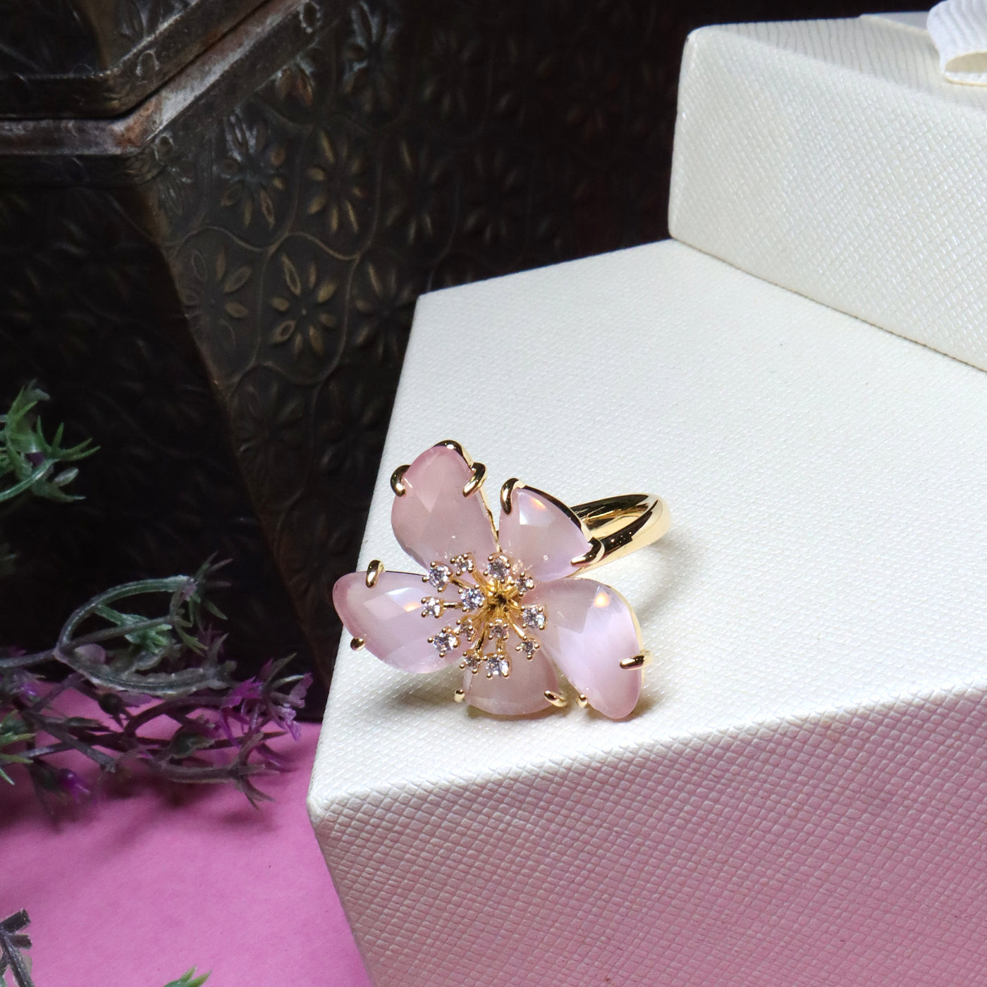 Gold Pink Blossom Flower Ring - SIA455696