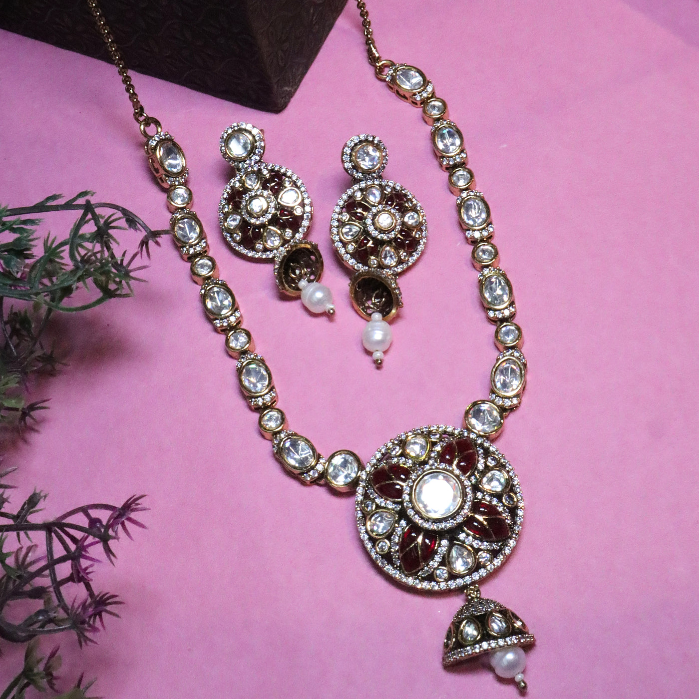 Gold-Plated Kundan Necklace Set with Pearl Drop - SIA455786