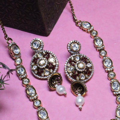 Gold-Plated Kundan Necklace Set with Pearl Drop - SIA455786