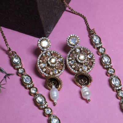 Gold-Plated Brown Circular Kundan Set with Pearls - SIA455788