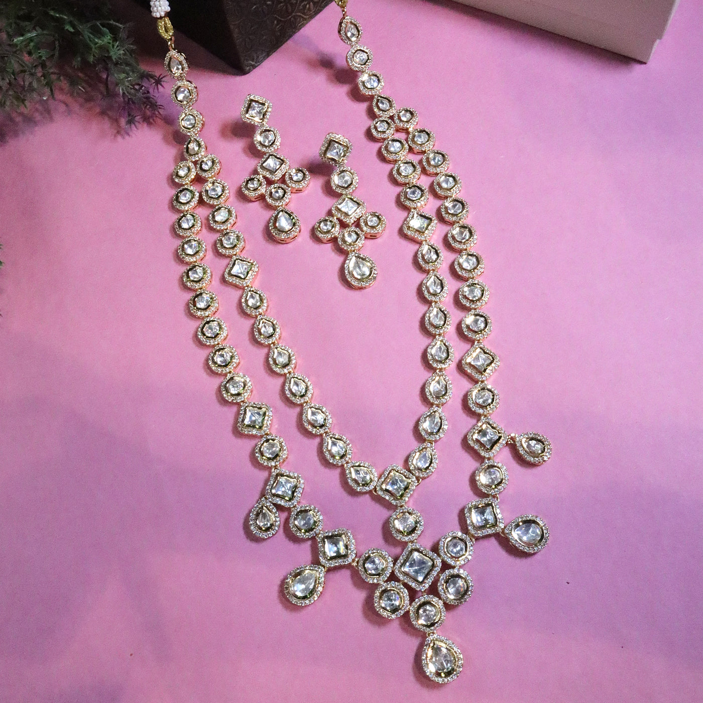 Gold-Color Polki Stone Long Necklace Set - SIA455801