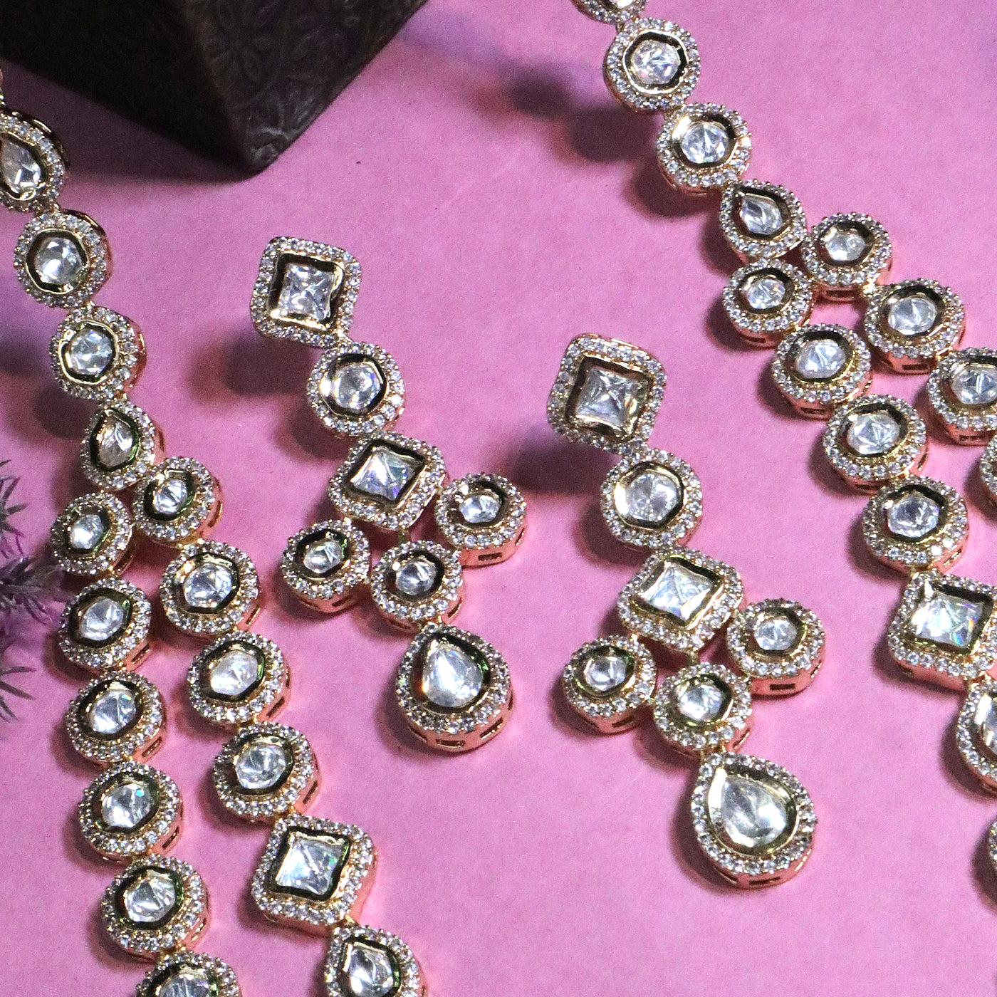 Gold-Color Polki Stone Long Necklace Set - SIA455801