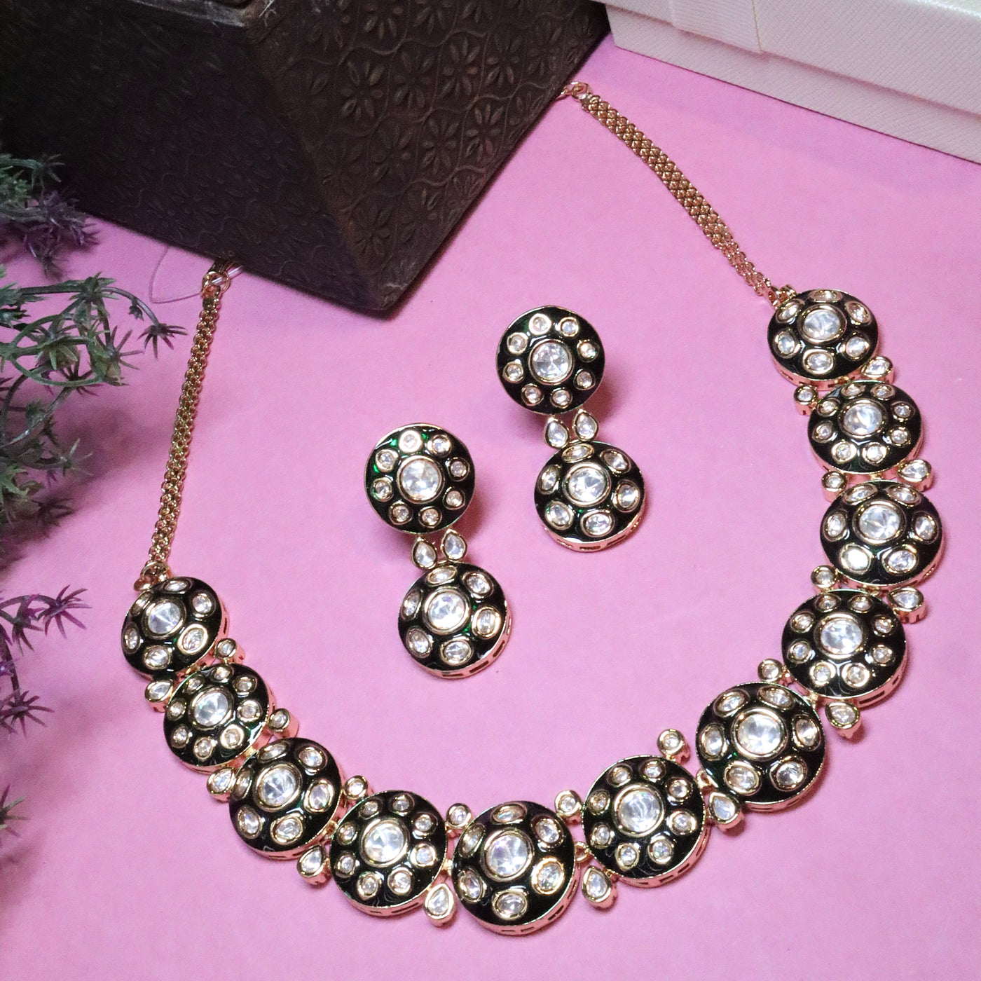 Gold Green Enamel Polki Stone Necklace Set - SIA455804