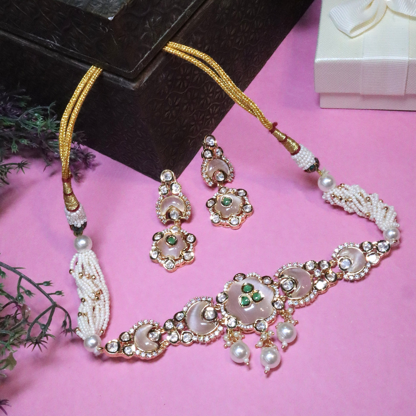 Gold-Color Polki Floral Choker Set with Pearls - SIA455822
