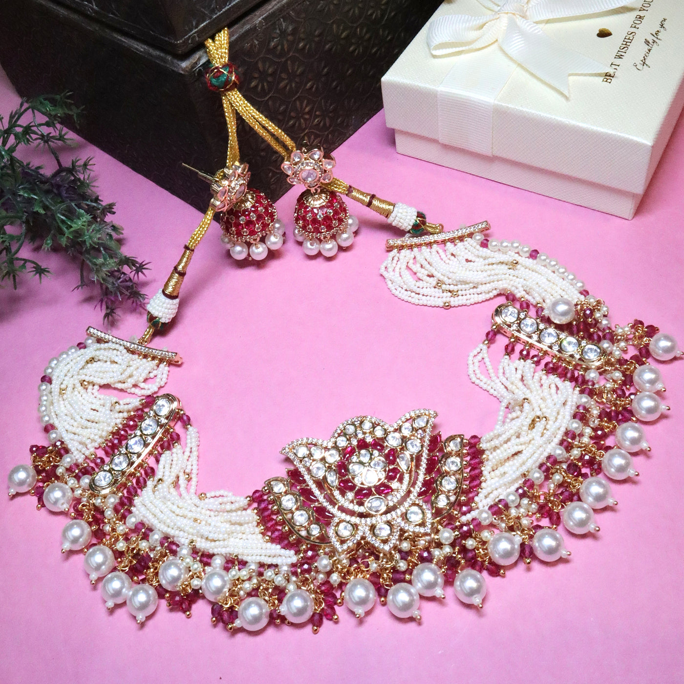 Gold CZ & Ruby Pearl Choker with Jhumka Earrings - SIA455823