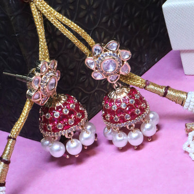 Gold CZ & Ruby Pearl Choker with Jhumka Earrings - SIA455823