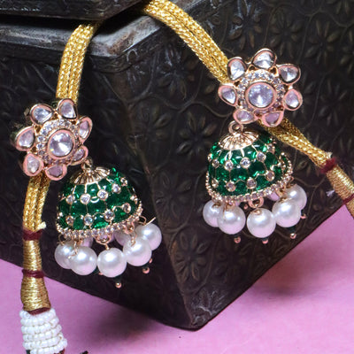 Gold Green Polki & Pearl Choker Jhumka Set - SIA455824