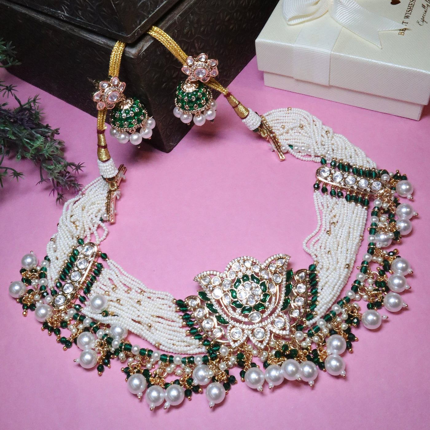 Gold Green Polki & Pearl Choker Jhumka Set - SIA455824