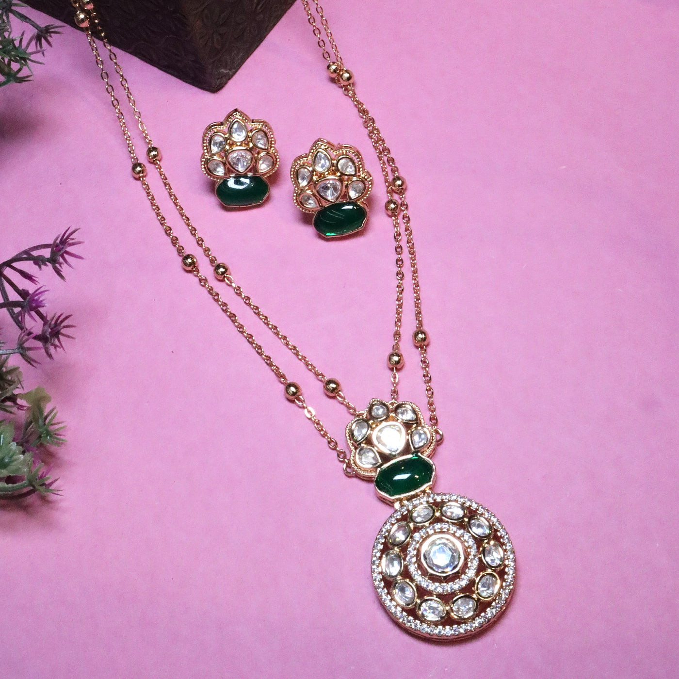 Gold-Color Polki Green Round Pendant Set - SIA455827