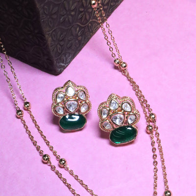 Gold-Color Polki Green Round Pendant Set - SIA455827